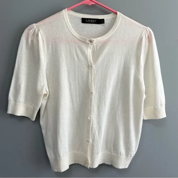 Lauren Ralph Lauren Ivory Cardigan Short Sleeve Button Light Sweater Size M - Picture 2 of 7